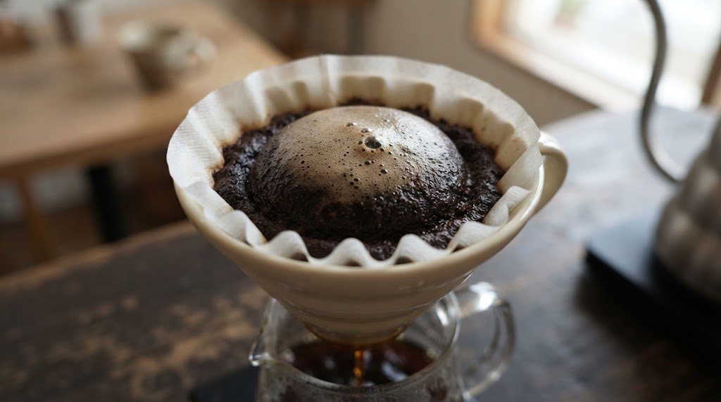 ドリッパーの中で湯を含んだコーヒー粉がドーム状にふくらみ、表面に細かい泡が立っている様子