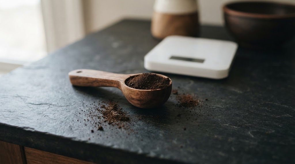 黒い石のカウンターに、挽いたコーヒー粉をのせた木の計量スプーンと少しこぼれた粉があり、奥に白いキッチンスケールが見える様子