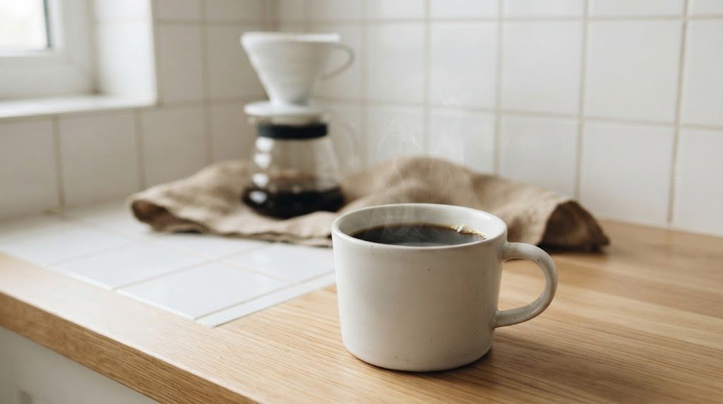 白いタイルの壁のキッチンカウンターに、湯気の立つ黒いコーヒーの入った白いマグカップがあり、奥にぼけてドリッパーとサーバーが見える様子