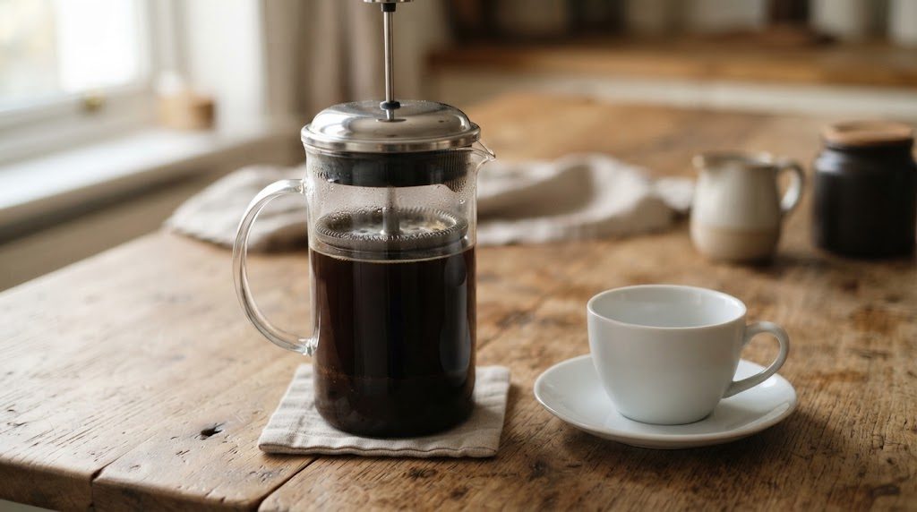 木のテーブルの上に、コーヒーが入ったガラスのフレンチプレスと空の白いカップが置かれている様子