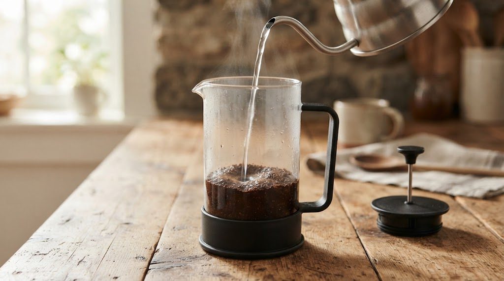 フタとプランジャーを外したガラスのポットに入れたコーヒー粉へ、細口のケトルから湯を注いでいる様子