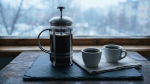 黒い石板のトレーに、金属フレームのガラスのフレンチプレスと、コーヒーが入った白いカップ2つが並んでいる様子