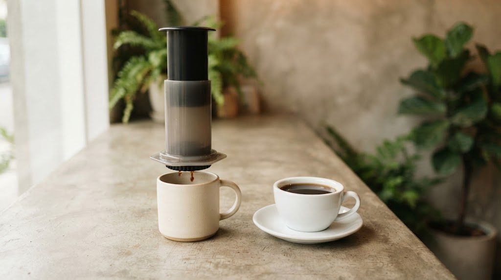 マグカップの上に立てたエアロプレスの底からコーヒーが数滴落ち、隣に白いカップとソーサーが置かれている様子