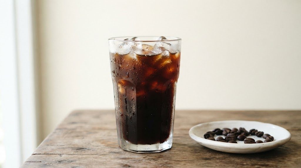 氷とアイスコーヒーが入ったグラスの表面に水滴が付き、横にコーヒー豆の小皿がある様子