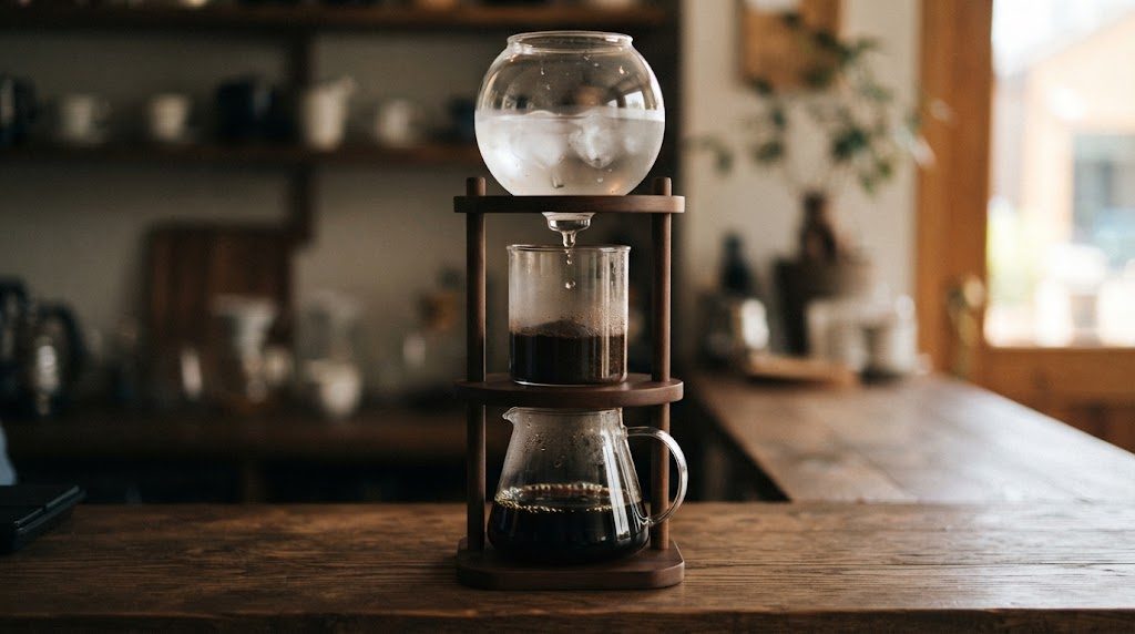 上の丸いタンクの氷水が一滴ずつ中央のコーヒー粉に落ち、下のサーバーに水出しコーヒーがたまる縦長3段のウォータードリッパー