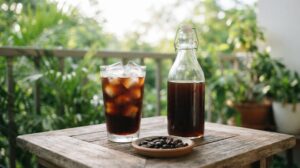 バルコニーの木のテーブルに、氷を入れたアイスコーヒーのグラスと、水出しコーヒーのガラスボトル、コーヒー豆の小皿が並んでいる様子