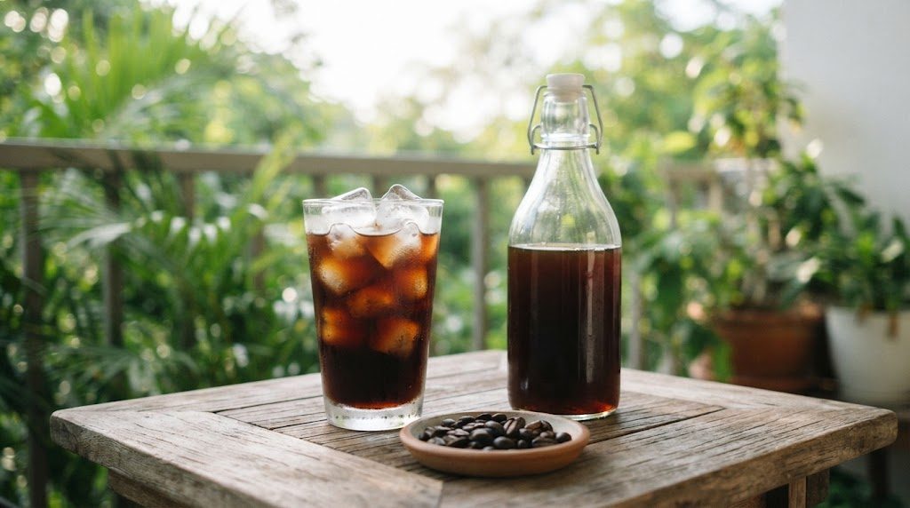 バルコニーの木のテーブルに、氷を入れたアイスコーヒーのグラスと、水出しコーヒーのガラスボトル、コーヒー豆の小皿が並んでいる様子