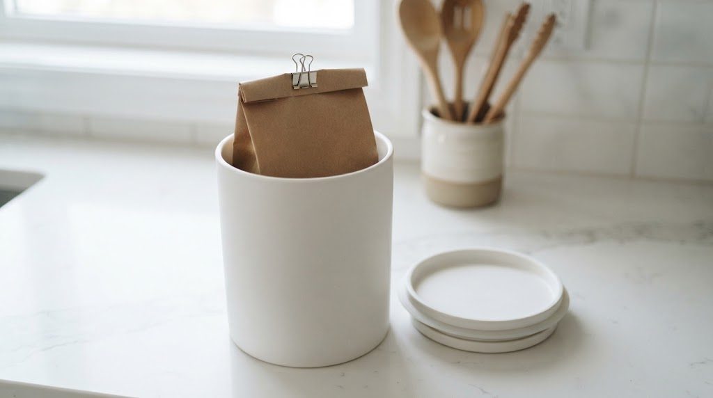 ふたを外した白い円筒形の保存容器に、口をクリップで留めた茶色い紙袋がそのまま入り、ふたが容器の横に置かれている様子