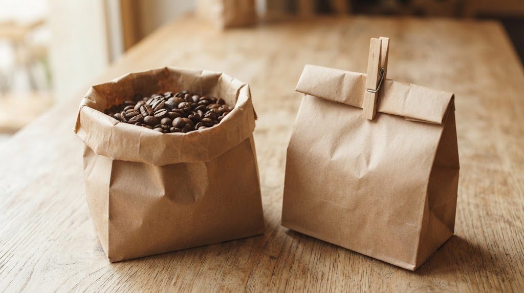 木のテーブルに、口が開いて豆が見える茶色い紙袋と、口を折って木のクリップで留めた茶色い紙袋が並んでいる様子
