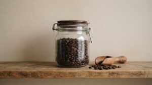 ふたをしっかり閉めた透明なガラスの密閉瓶に焙煎したコーヒー豆がたっぷり入り、木の棚の上に置かれ、手前に木のスプーンと豆が数粒ある様子