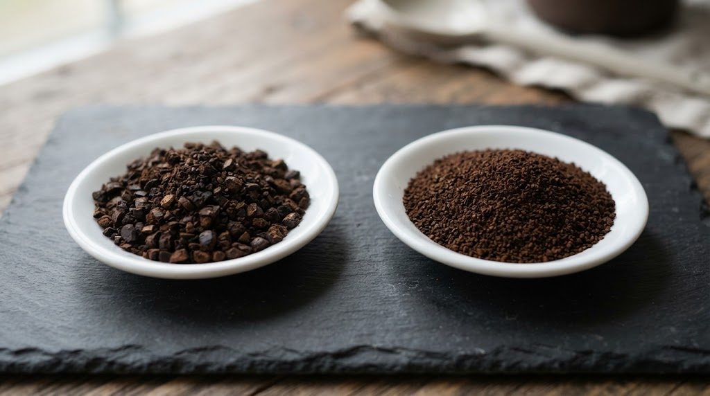 黒い石板の上に、粒が大きい粗挽きのコーヒー粉の小皿と、粒が細かい中細挽きの粉の小皿が並んでいる様子