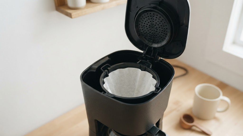 上のフタを開けたドリップ式コーヒーメーカーの中に、ペーパーフィルターをセットしたバスケットと、フタ側の湯が出る丸い穴の部分が見える様子