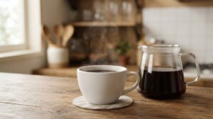 白いカップに入った淹れたてのコーヒーから湯気が立ち、横のガラスサーバーにもコーヒーが入っている木のテーブルの様子