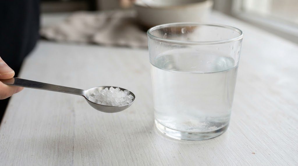 計量スプーンにのせた少量の白い結晶と、底に白い粉が少し沈んだ透明な水のグラスがテーブルに置かれている様子