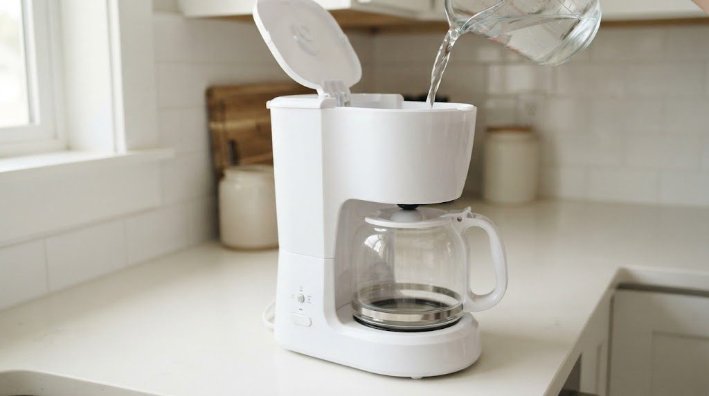 ドリップ式コーヒーメーカーのフタを開けた水タンクに、計量カップから水を注いでいる様子。保温板には空のガラスジャグが載っている