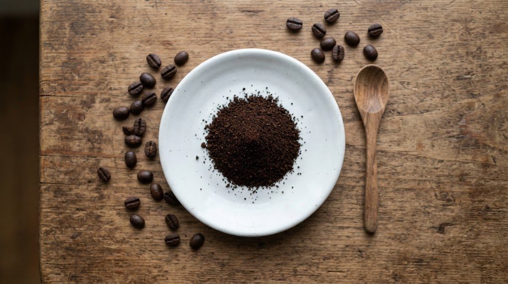 木のテーブルの上の白い皿に1杯分のコーヒー粉が小さな山に盛られ、周りにコーヒー豆、横に木のスプーンがある様子