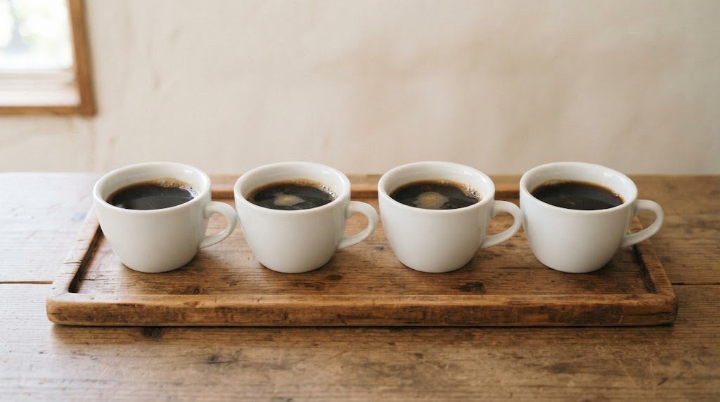 木のトレーに同じ白いコーヒーカップ4つが並び、どれにもコーヒーが入っている様子