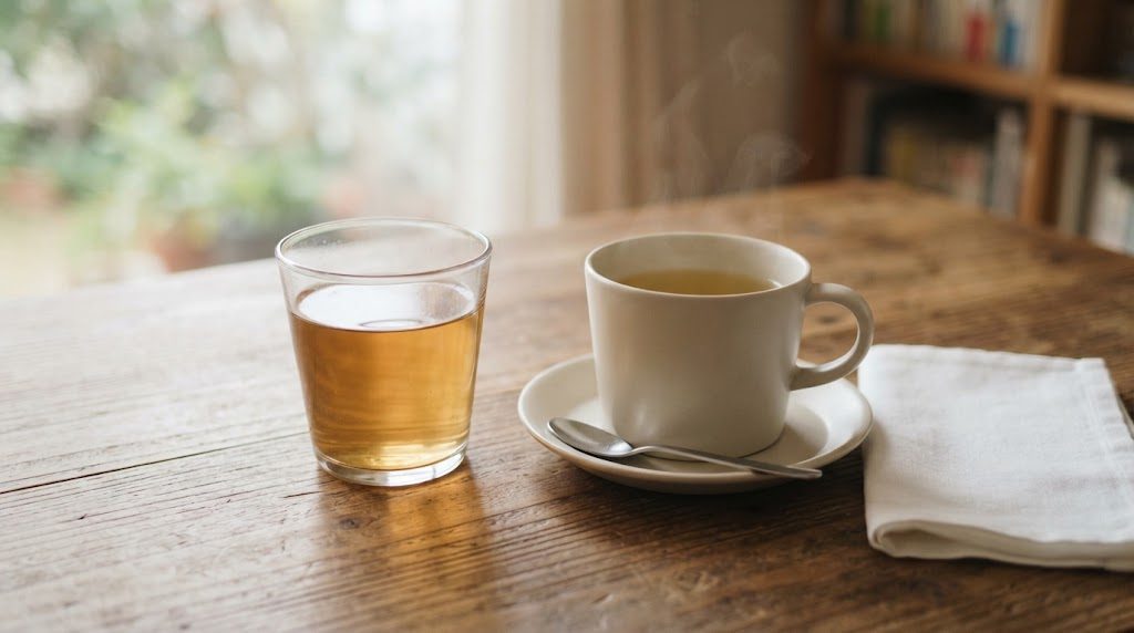 麦茶のような薄い茶色のお茶を入れた透明なグラスと、湯気の立つお茶を入れた白いカップが、たたんだ白い布とともに木のテーブルに置かれている様子(夕方以降の、茶葉を使わない置き換え先の例)