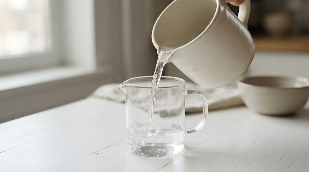 注ぎ口と持ち手の付いた陶器の水差しから、ガラスの計量カップへ水を注いでいる様子