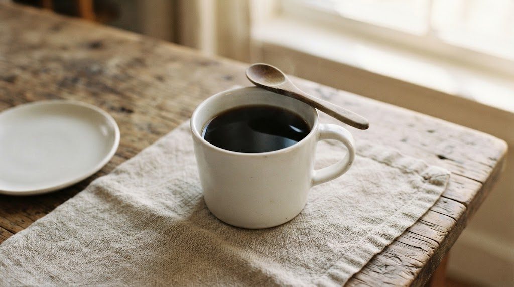 木のテーブルのリネンの布の上に、コーヒーの入った白いマグカップと木のスプーンが置かれている朝の様子