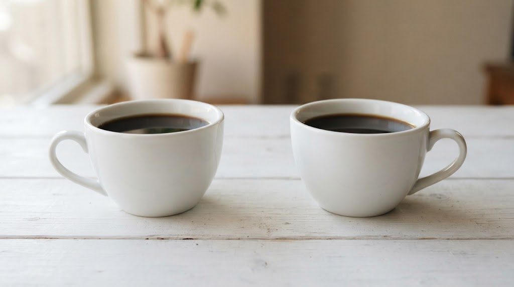 白い木のテーブルに同じ白いカップ2つが並び、どちらにも同じ見た目の黒いコーヒーが入っていて、見た目では区別がつかない様子