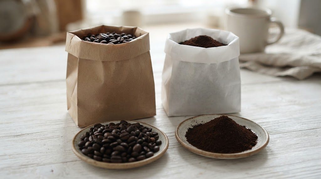 白い木のテーブルに、コーヒー豆の入った茶色い紙袋と粉の入った白い紙袋が並び、手前に豆と粉をそれぞれ盛った小皿がある様子
