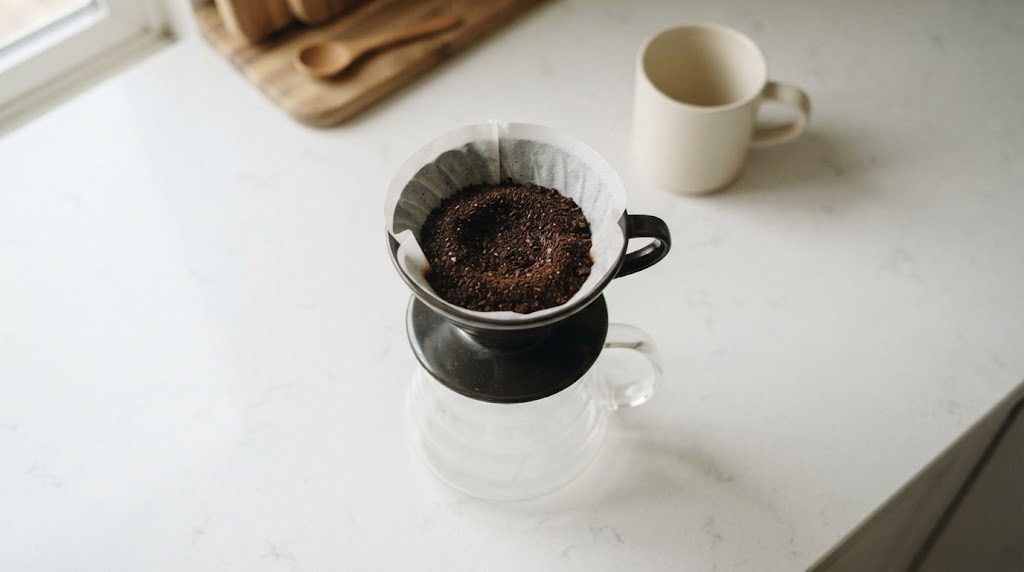 ペーパーフィルターをセットした黒いドリッパーに挽いたコーヒー粉が入り、下にガラスのサーバーがある様子を上から見た構図