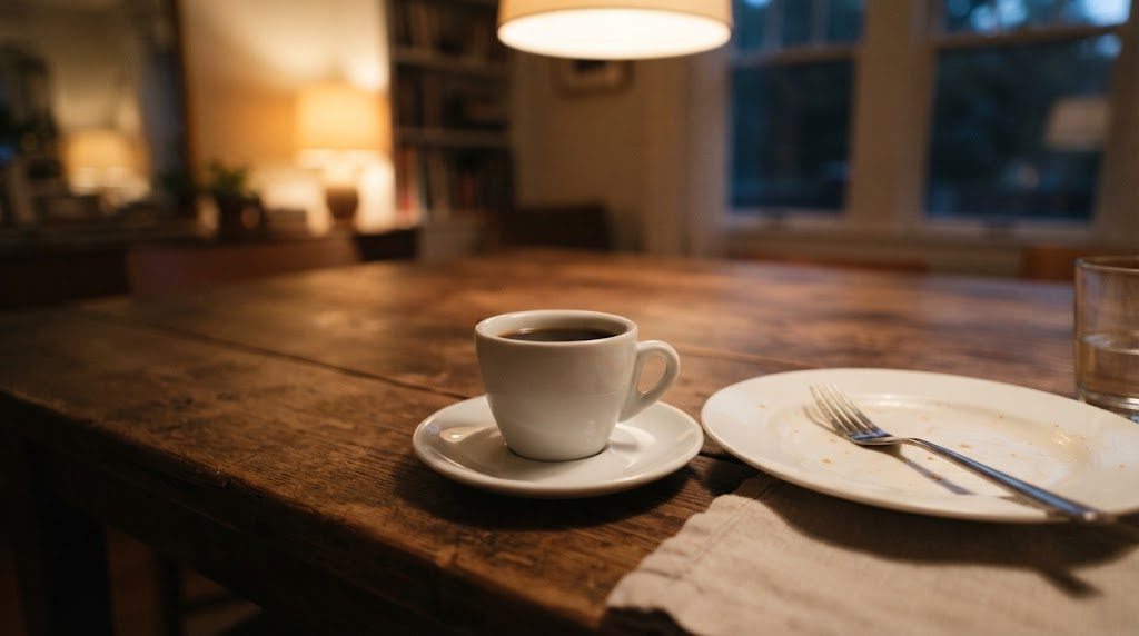 夕食後のダイニングテーブルに、小さな白いカップのコーヒーと、食べ終えた皿とフォークが置かれ、暖かい照明がともっている様子