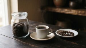 透明なガラスの瓶に入ったコーヒー豆と、湯気の立つコーヒーの白いカップ、豆を盛った小皿が暗い木のテーブルに置かれている様子