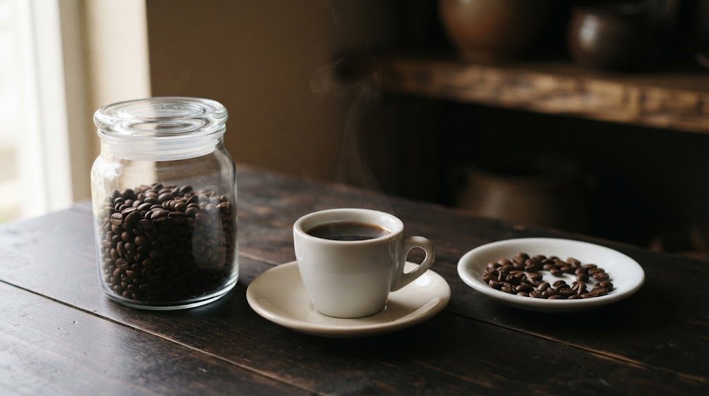 透明なガラスの瓶に入ったコーヒー豆と、湯気の立つコーヒーの白いカップ、豆を盛った小皿が暗い木のテーブルに置かれている様子