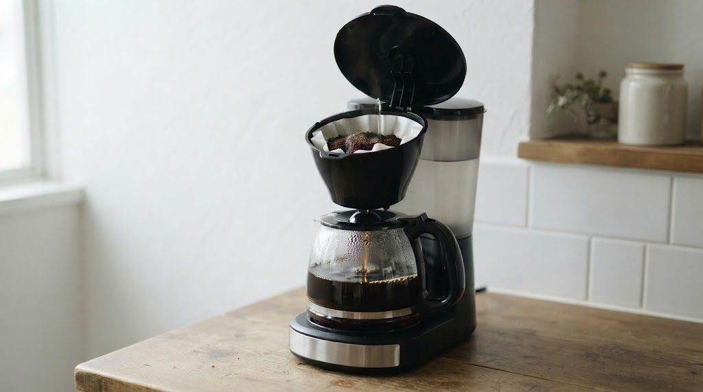 ドリップ式のコーヒーメーカーのフタが開き、ペーパーフィルターに入ったコーヒー粉から、下のガラスポットへコーヒーが落ちている様子