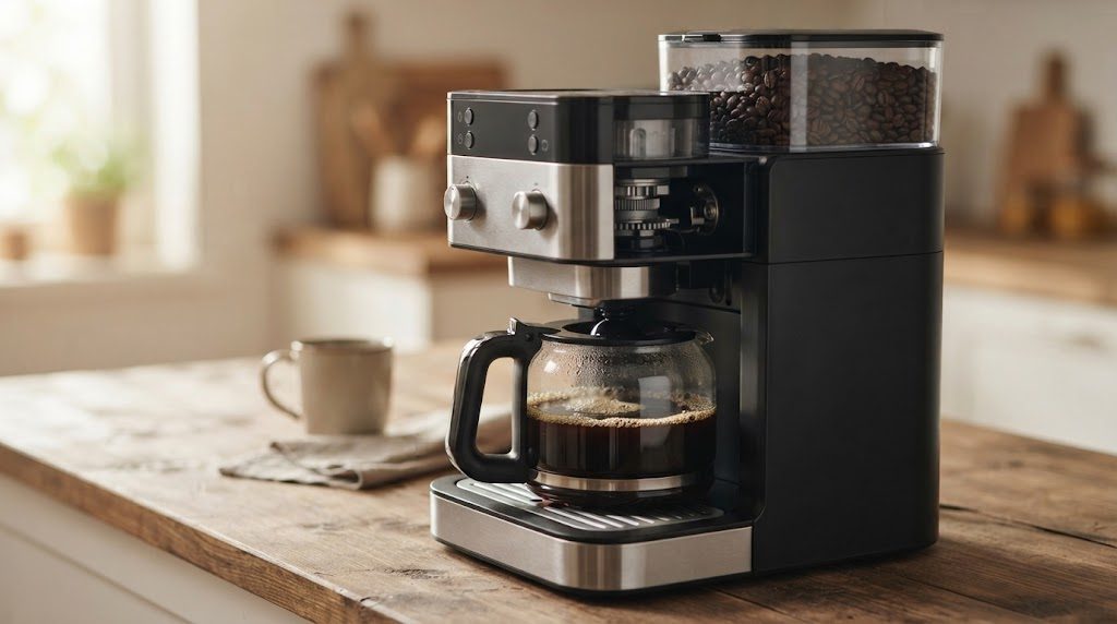 上部に豆の入った透明な容器を備えたミル付き全自動のコーヒーメーカーが、ガラスポットにコーヒーを淹れている様子