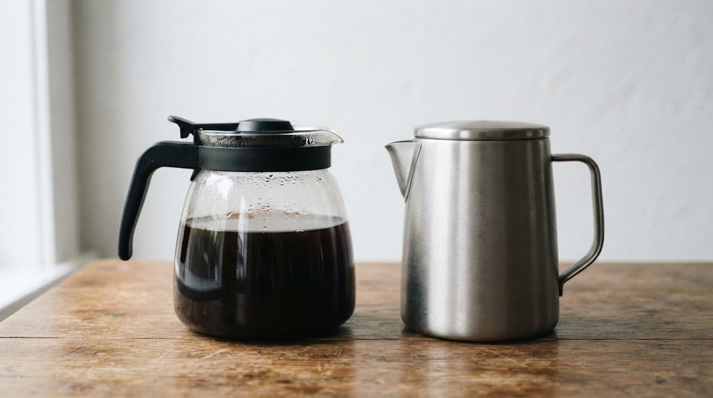木のテーブルに、コーヒーの入ったガラスポットと、つや消しのステンレスポットが並んでいる様子