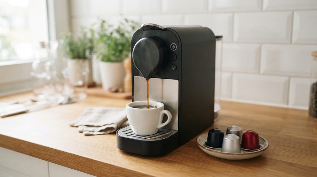 カプセル式のコーヒーマシンが白いカップにコーヒーを注ぎ、横の小皿に無地のカプセルが3個置かれている様子