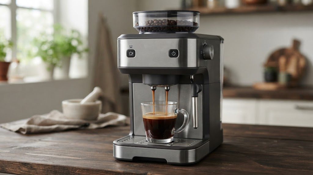 豆の容器を備えたエスプレッソ系のコーヒーマシンが、ガラスのカップに2本の細い流れでエスプレッソを注いでいる様子