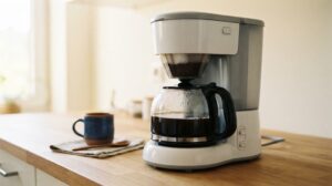 朝のキッチンのカウンターで、ドリップ式のコーヒーメーカーが抽出を終え、ガラスポットに濃いコーヒーがたまっている様子。横にマグカップと木のスプーン
