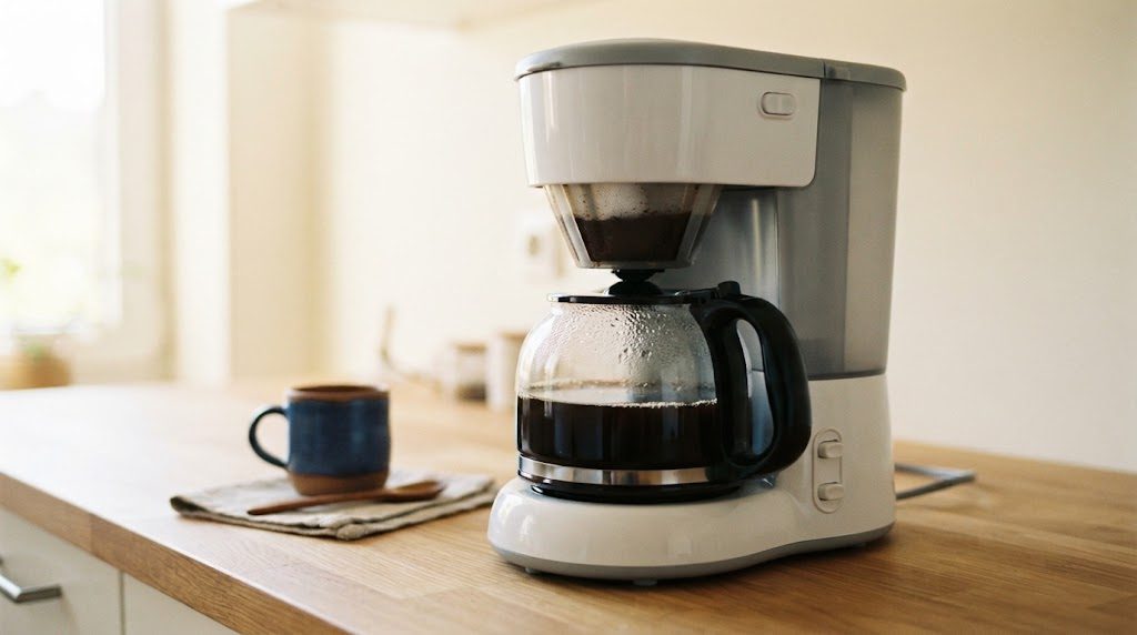 朝のキッチンのカウンターで、ドリップ式のコーヒーメーカーが抽出を終え、ガラスポットに濃いコーヒーがたまっている様子。横にマグカップと木のスプーン