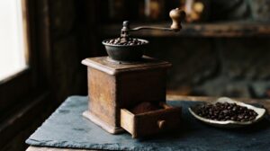 暗い色の木の棚を背景に、黒いスレートの台の上に置かれた箱型の木製手挽きコーヒーミルと、コーヒー豆の小皿。引き出しの中に挽いた粉が見える