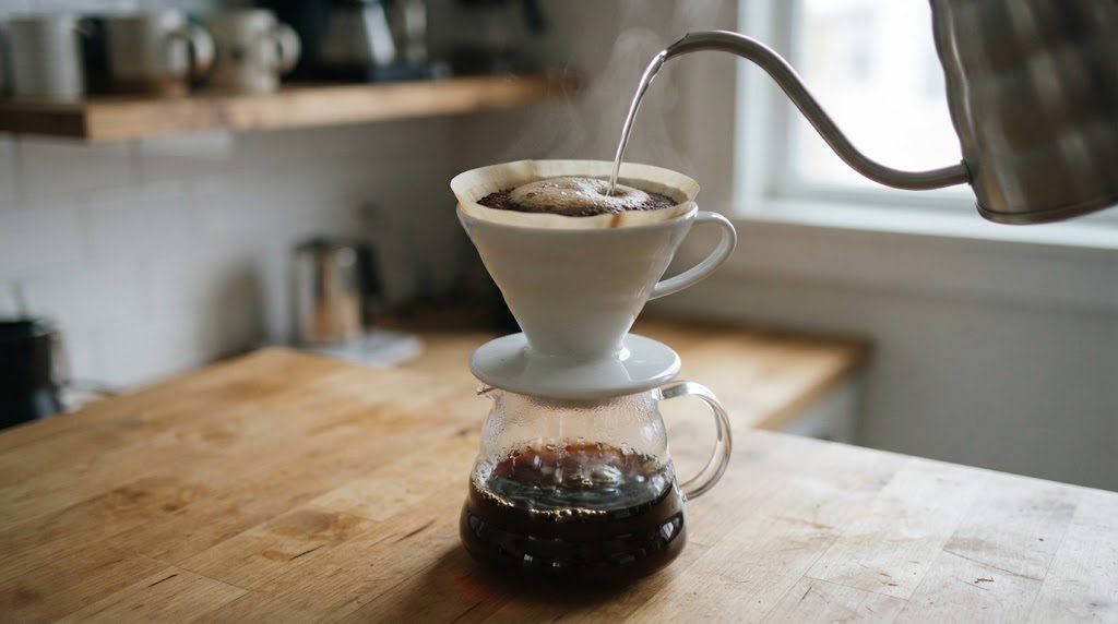 円すい形のドリッパーにセットしたコーヒー粉へ、細口ケトルの細い注ぎ口から湯が注がれ、下のガラスサーバーにコーヒーがたまっている様子