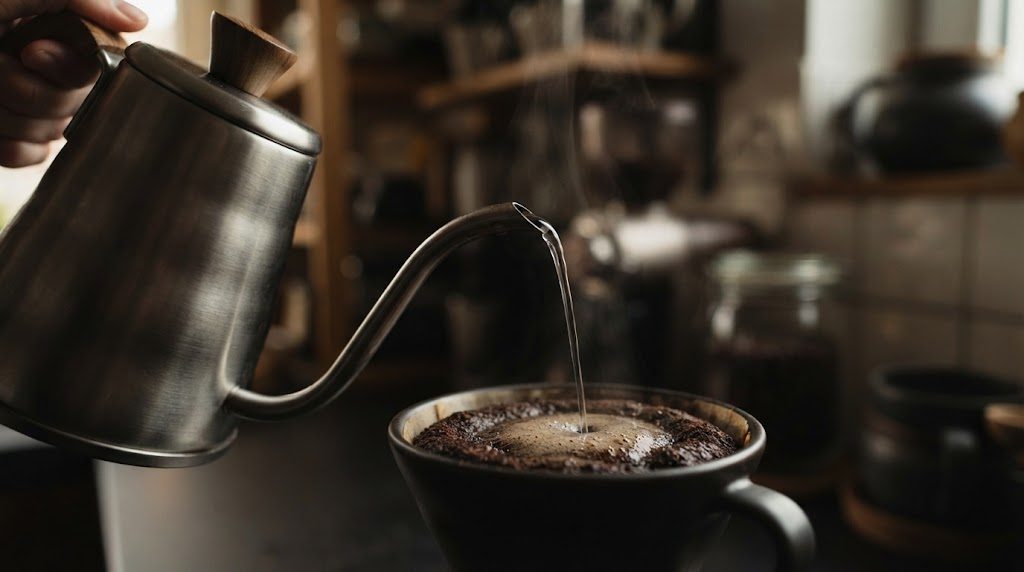 細口ケトルの細く長い注ぎ口から、細い湯の筋がドリッパーの中のコーヒー粉へ注がれている様子