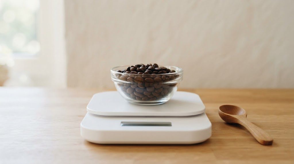 白いデジタルスケールの上にコーヒー豆の入ったガラスのボウルが載り、横に木のスプーンが置かれている様子