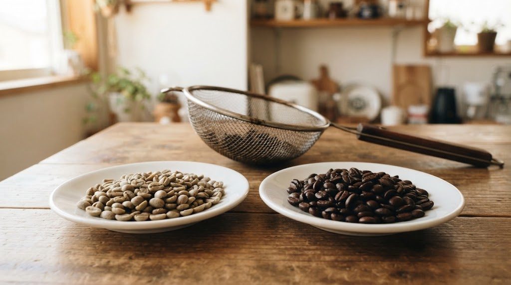 木のテーブルに、緑がかった生豆の小皿と焙煎した茶色い豆の小皿が並び、奥に持ち手付きの金属の網が置かれている様子
