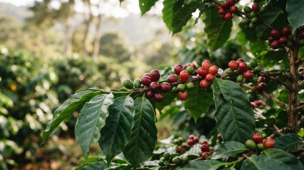コーヒーの木の枝に、赤く熟した実と緑色の実が付いている様子
