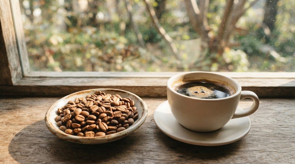 明るめの茶色に焙煎したコーヒー豆の小皿と、白いカップに入ったブラックコーヒーが窓辺に置かれている様子