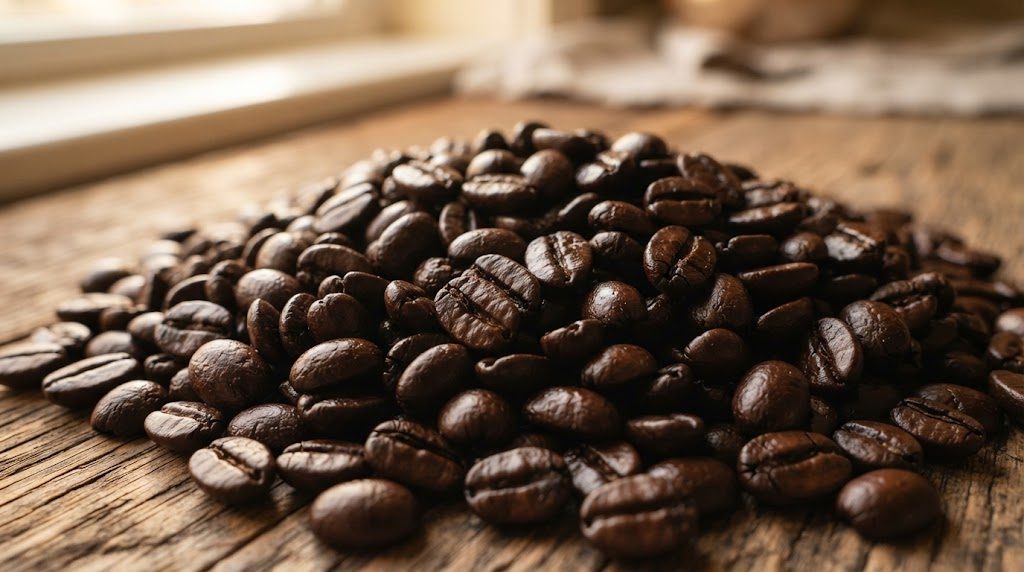黒に近い濃い茶色で表面に油がつやつやと光る深煎りのコーヒー豆が山のように積まれている様子