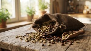 こげ茶色の麻袋の口から緑がかった生豆と焙煎した茶色の豆がこぼれ、手前に木のスコップが置かれている様子