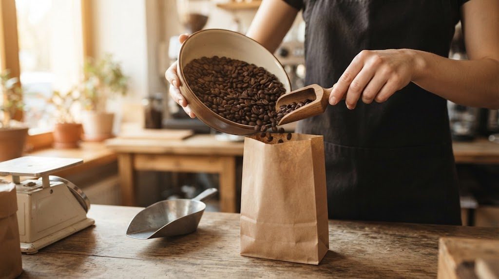 店のカウンターで、皿とスコップを持ち、焙煎豆を茶色い紙袋へ注いでいる手元