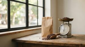 木のカウンターに無地の茶色い紙袋と、焙煎豆を入れた木のスコップ、アンティーク風の秤が置かれている様子