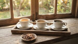 窓際の木のトレーに、色合いの違う3杯のコーヒーが白いカップで並び、手前にコーヒー豆の小皿が置かれている様子
