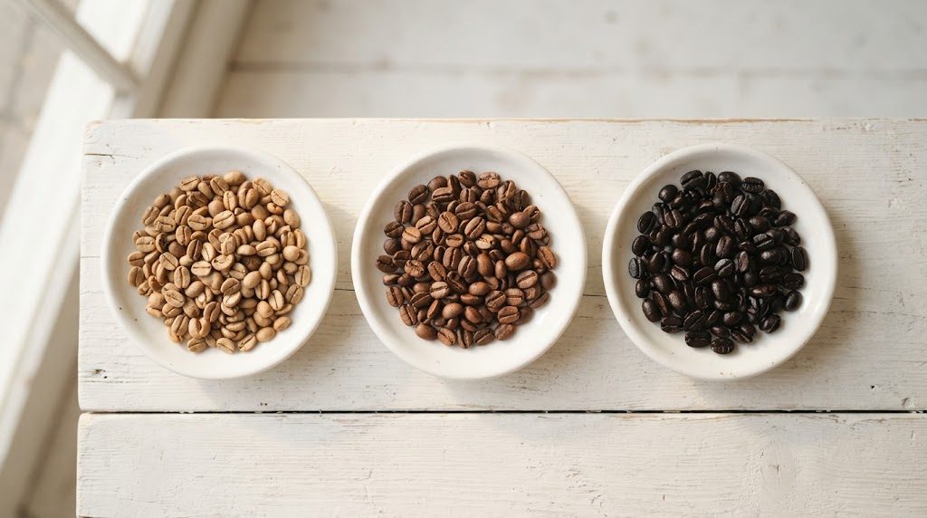白い小さな皿3つに、明るい茶色の浅煎り、茶褐色の中煎り、黒に近い濃い茶色の深煎りのコーヒー豆が1皿ずつ入って並んでいる様子